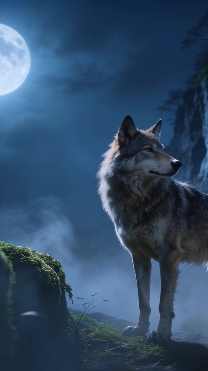 Video vertical: Lobo gris de pie girando y observando un saliente cubierto de musgo con niebla moviéndose bajo la luna.