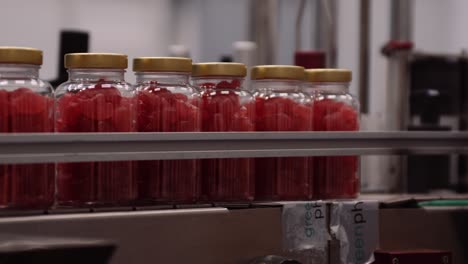 Red-gummy-jelly-vitamins-in-bottles-on-conveyor-belt---nutraceutical-factory