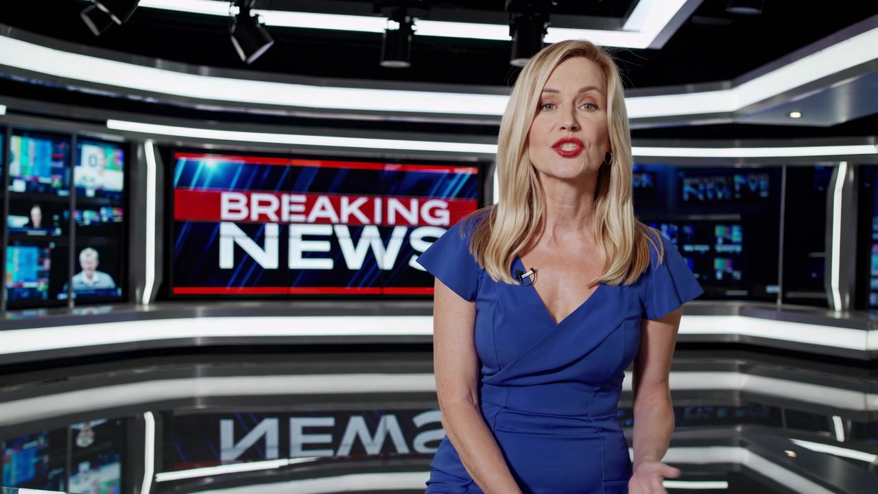 Presentadora de noticias presentando noticias de última hora en un estudio de televisión