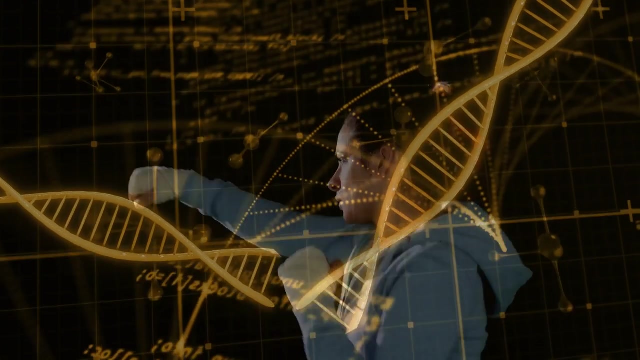 Projected golden DNA helix sweeping grid causing woman touching face while studying genetics