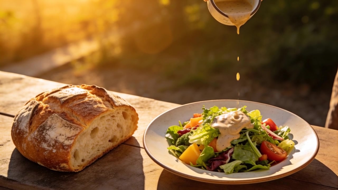Una mano che versa il condimento sull'insalata per servirla su un tavolo di legno al tramonto, con pane nelle vicinanze.