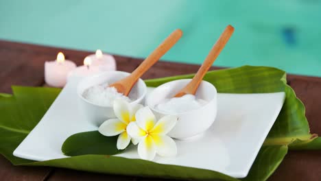 beauty treatments in bowl presented on giant leaf