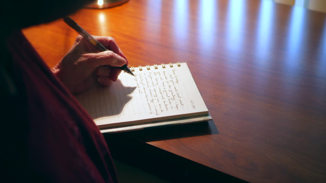 Middle aged caucasian woman with aging hands writing an old fashioned paper and pen mail letter or handwritten note to a friend on a wooden desk