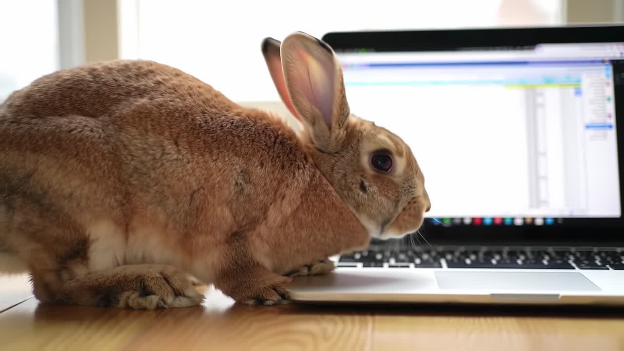 Curious Rabbit Exploring Laptop Features While Nestled on Wooden Table, Blending Playfulness and Technology in a Cozy Indoor Setting