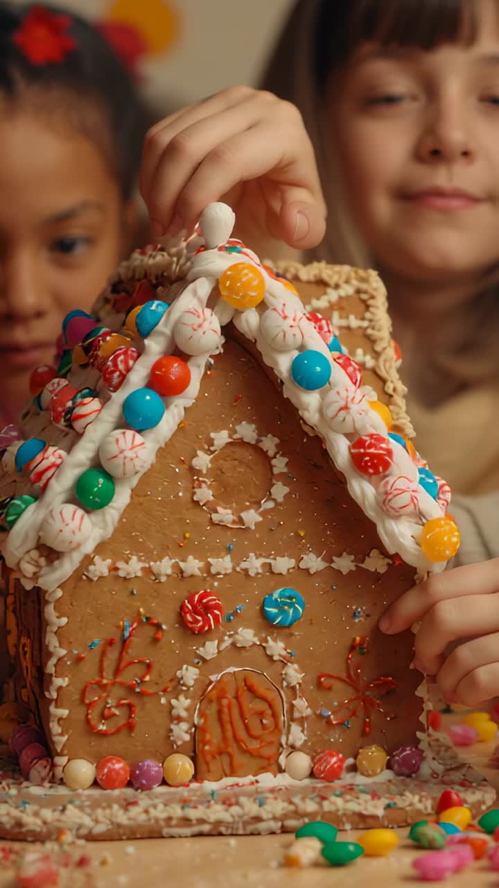 Vertical video: Leaning forward, sisters placing candies on gingerbread house at home for holiday