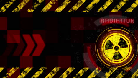 Warning background whith glowing nuclear symbol. Red screen message of radioactive danger. Flashing animated elements with world map. Looped seamless.