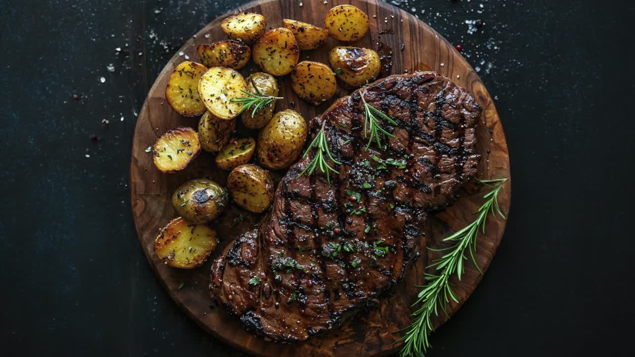 bistec a la parrilla y patatas asadas en una tabla redonda de madera