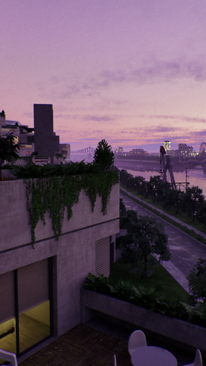 Twilight riverside view with modern architecture and greenery
