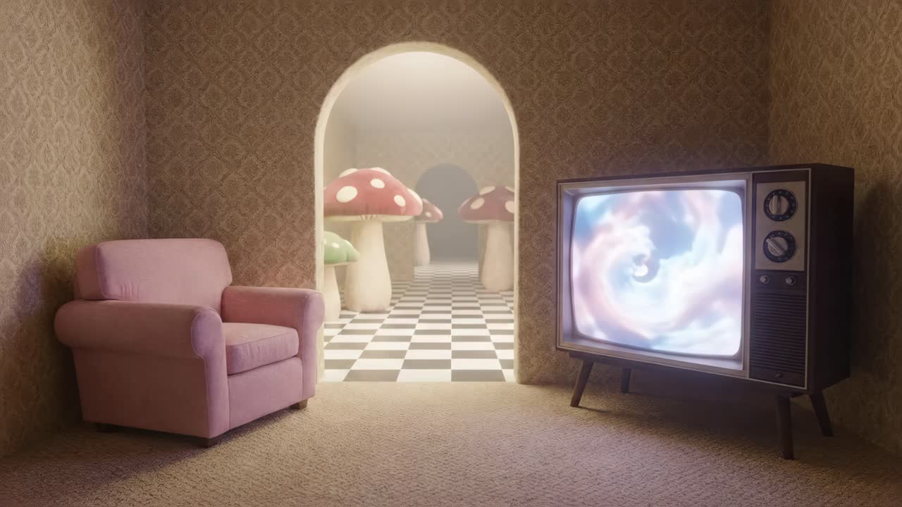 Surrealistinen huone, jossa vintage-televisio ja sienikaari