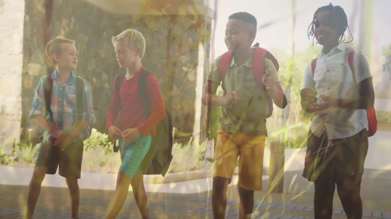 Animation af planter og sollys over glade skoledrenge med forskellige baggrunde, der taler på vej til skole