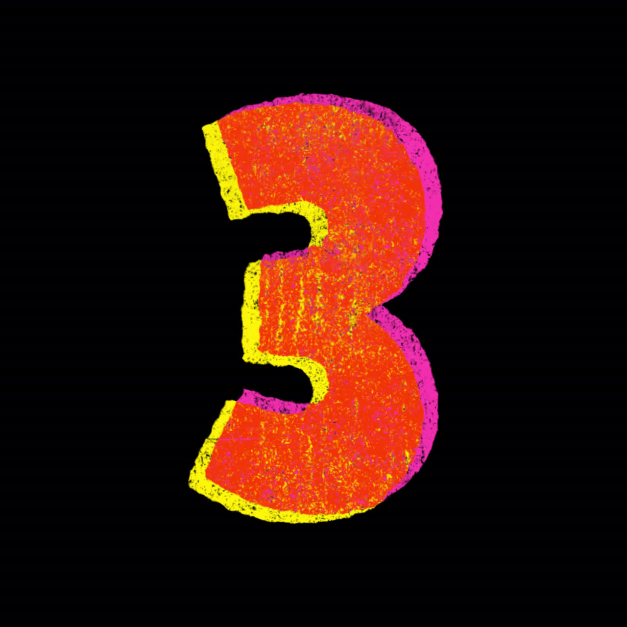 Numero tre animato disegnato a mano con texture gessosa su sfondo nero
