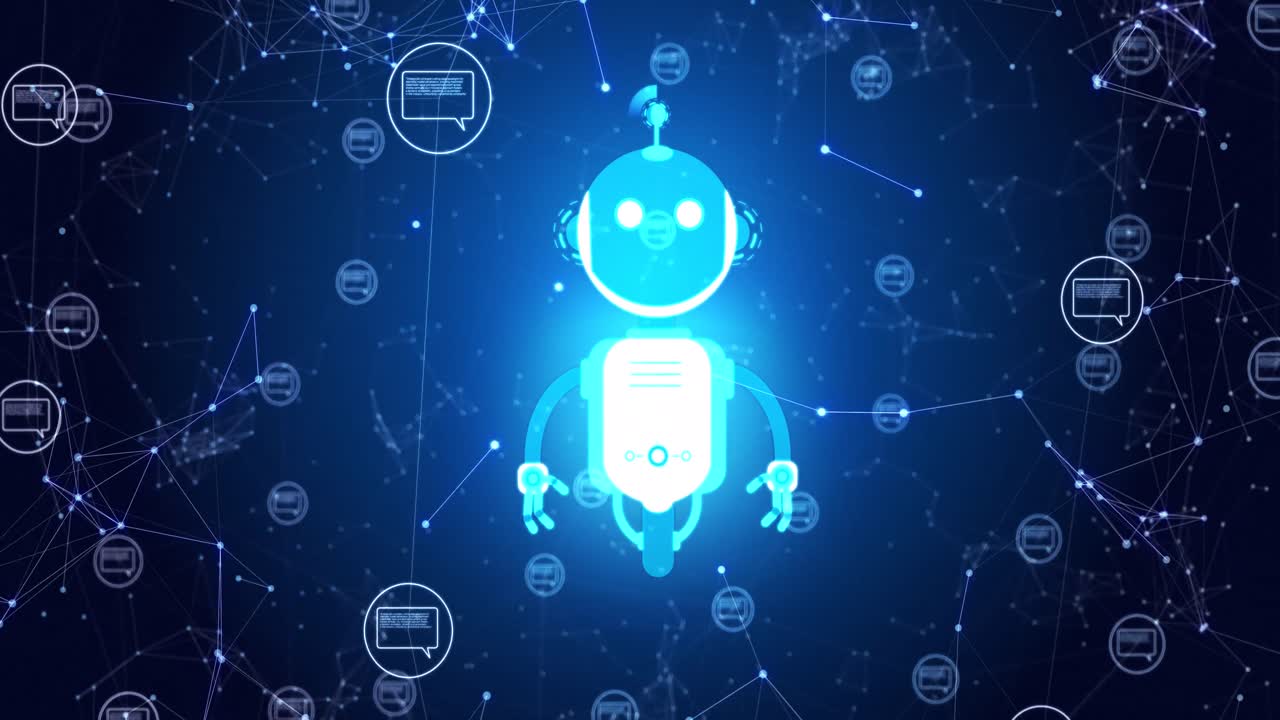 Animation of ai robot icon moving and digital interface on blue background