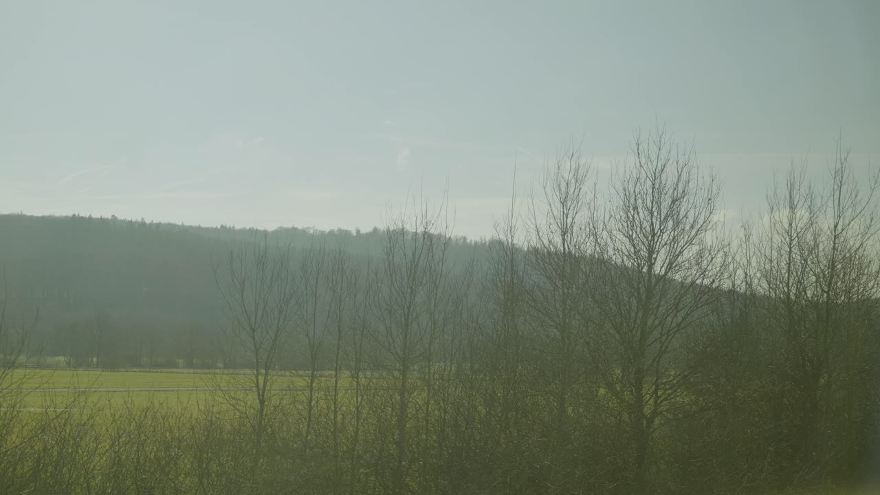 Inside a moving German ICE train with a view of barren trees and distant hills