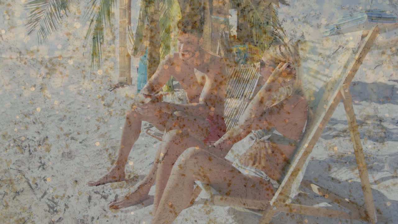 couple lounging on deck chairs under palm tree promoting health, with animated heart icon and chart