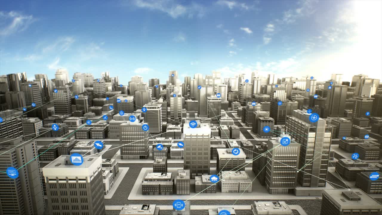 Vários ícones de sensores inteligentes em Cidade Inteligente, conectando tecnologia de INTERNET DAS COISAS. Durante o dia. Animação 4K