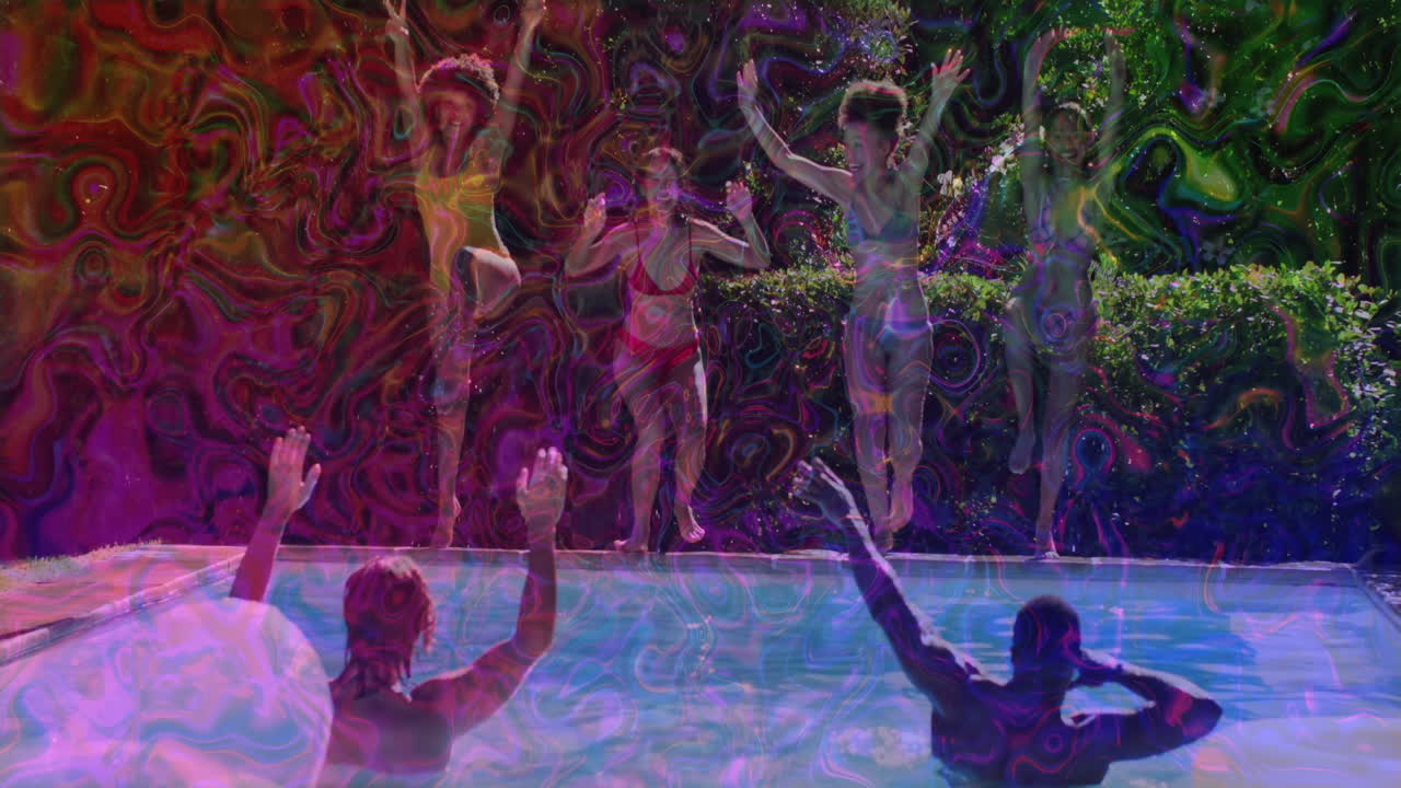 People jumping into pool with colorful psychedelic swirl animation overlay