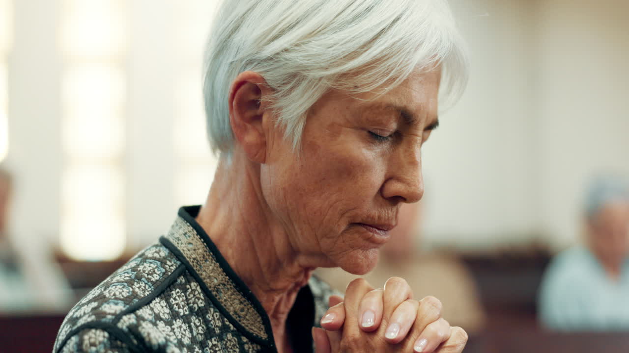 Senior, prayer or old woman in church for God