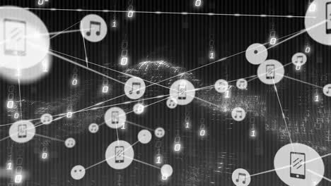 animation of network of connections with icons over data processing on black background