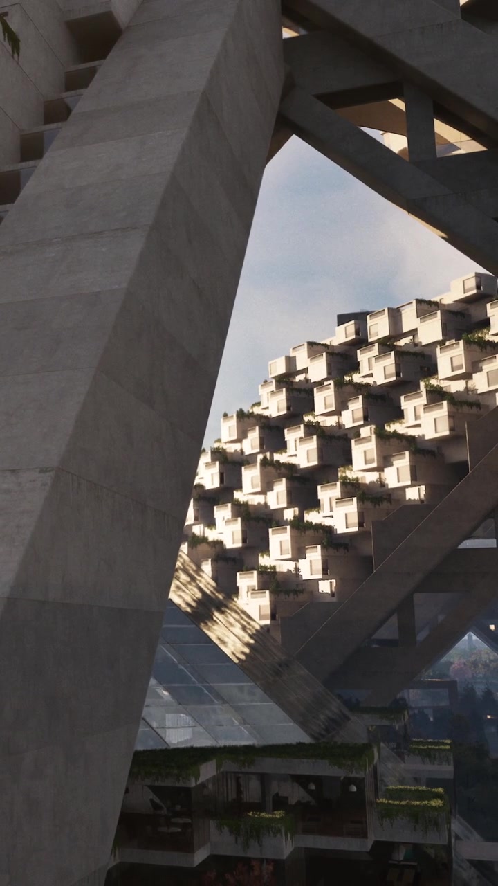 Moderne Architektur zeigt hohe Gebäude in städtischer Umgebung mit Sonnenschein.