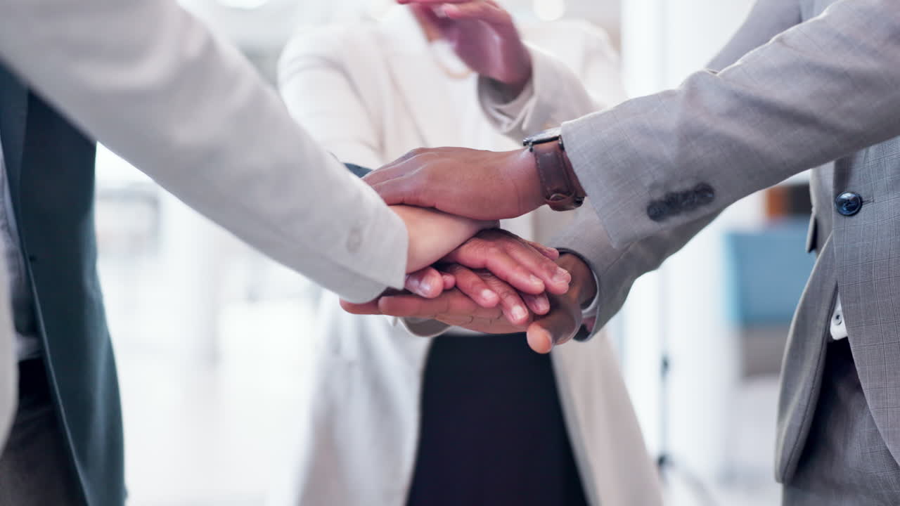 Hands stack, team and business people