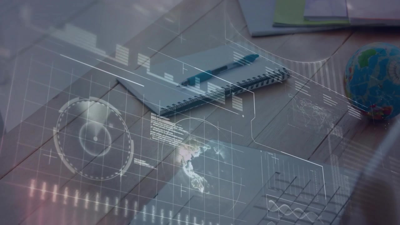Holographic UI appearing, circular charts spinning, data grid pulsing, panning workspace