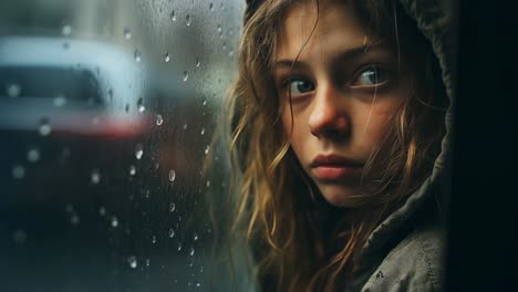 young girl with curly hair and hooded jacket looking out the window on a rainy day, with raindrops on the glass and blurred car in the background