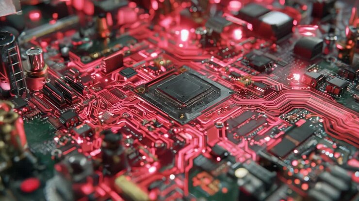Esame ravvicinato di un circuito stampato con componenti luminosi che evidenziano il design intricato e la tecnologia avanzata sottostante.