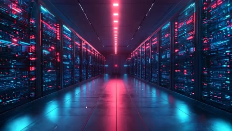 a long hallway in a server room with rows of servers