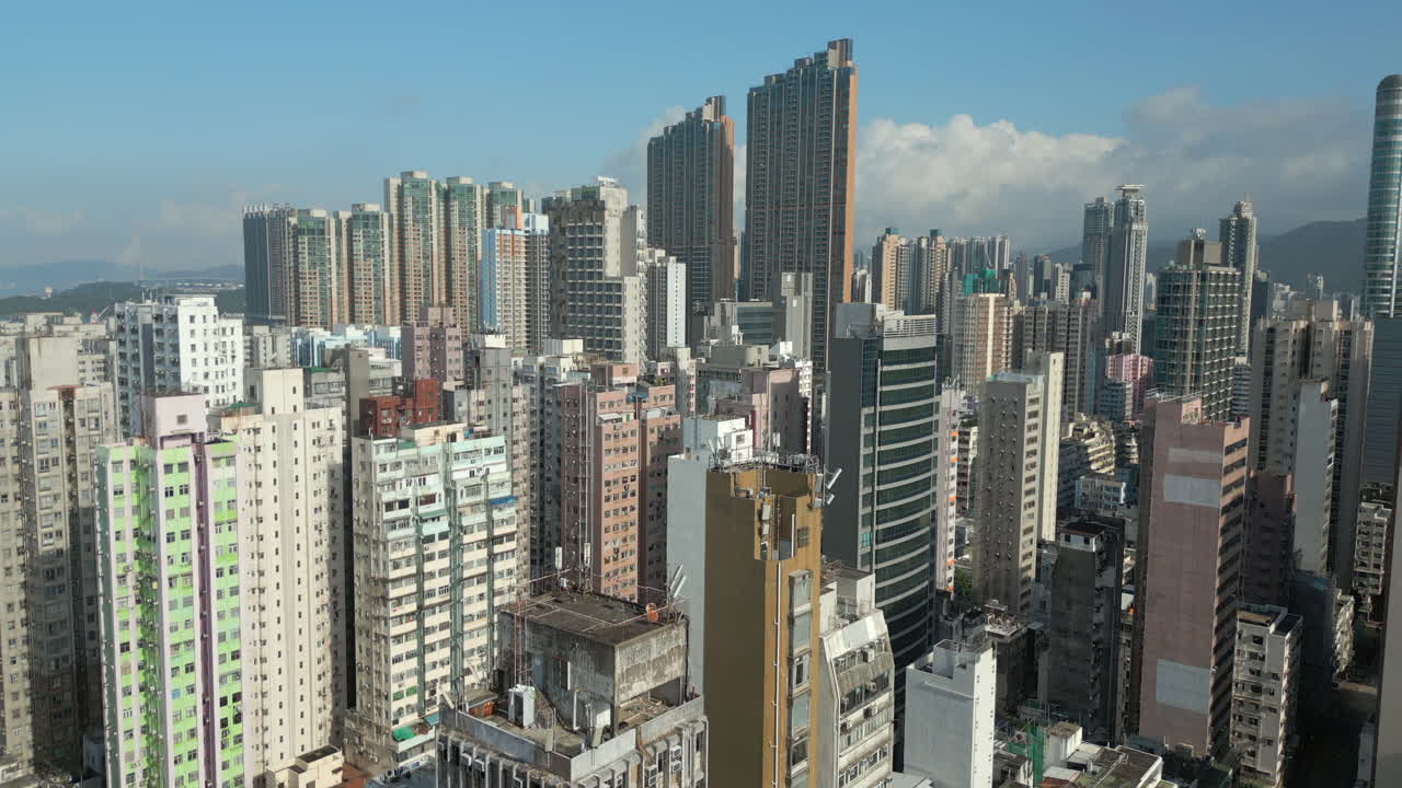 Hong Kong Apartment Rooftops And Skyline Cinematic China Drone Slow Track In 4K 60FPS