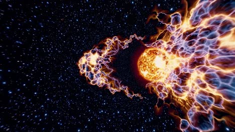 dynamic cosmic explosion with fiery energy waves, captured from a wide-angle perspective