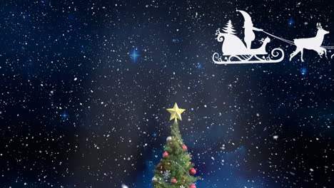 animation of snow falling, christmas tree, sledge and raindeer over black background