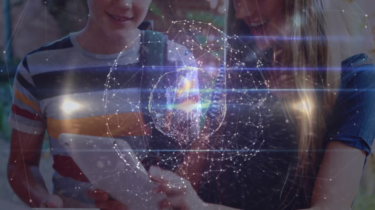 Teenage sister tapping tablet and growing tech hologram globe for exploration with brother watching