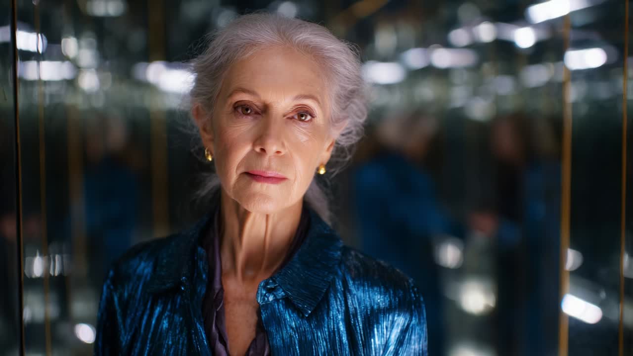 Un momento toccante di riflessione: una donna elegante in un ascensore pieno di specchi emana sicurezza e grazia, catturando un'eleganza senza tempo che trascende le generazioni e assicura il suo spirito indomito