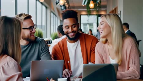 diverse team collaborating in modern cafe