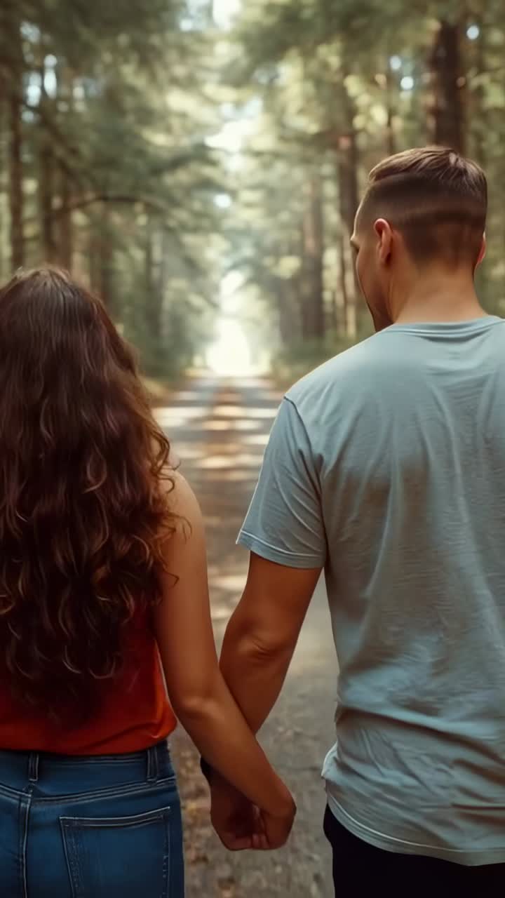 Vídeo vertical: casal entrando na trilha de mãos dadas e caminhando até um espaço aberto; a mulher veste blusa vermelha, e o homem, camiseta cinza.