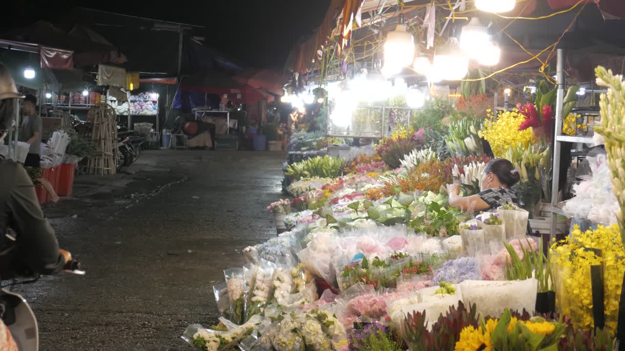 Night Life At Quang Ba Flower Market In Tay Ho District In Hanoi, Vietnam. static shot