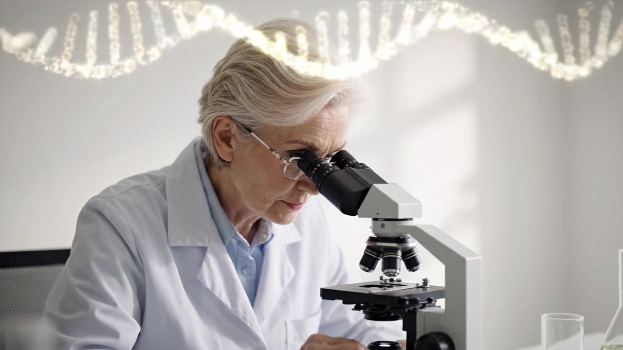 An elderly scientist examines samples under a microscope, unveiling the mysteries of genetics in a modern laboratory environment enriched with scientific exploration.