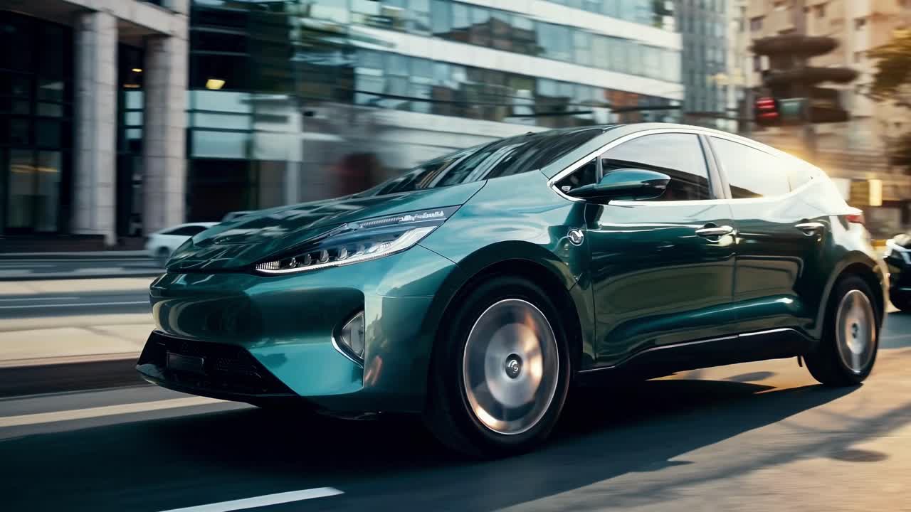 Foto dinâmica em ângulo baixo de um carro elétrico elegante em alta velocidade em uma paisagem urbana, capturando o movimento
