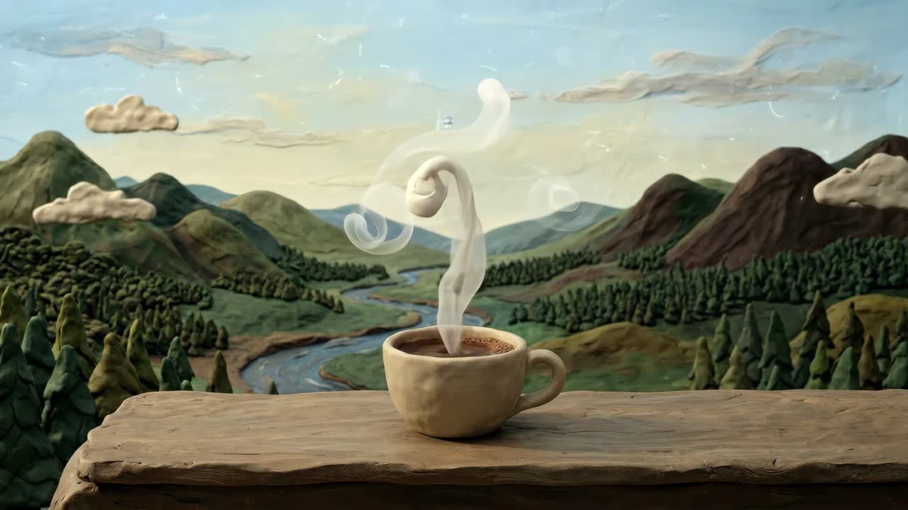 Dampende kaffekopp i et claymation-fjellandskap