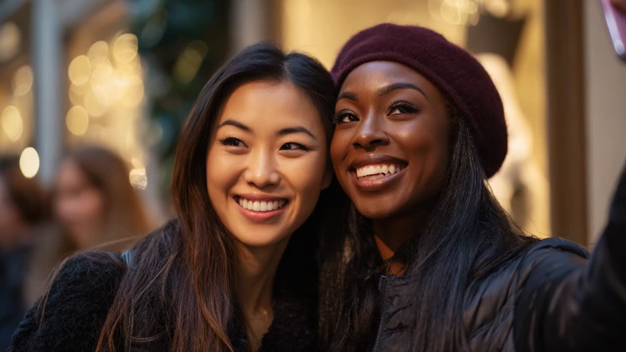 Two friends share a joyful moment while taking selfies together, engaging with each other in a warm and lively atmosphere, surrounded by soft lights that create a friendly and inviting backdrop