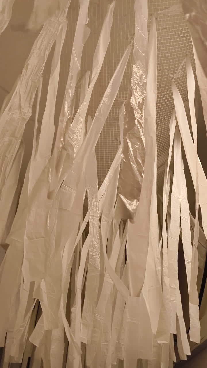 A ceiling installation of countless, fluttering, white fabric strips, creating a dreamlike, ethereal atmosphere. The image evokes a sense of mystery and tranquility.