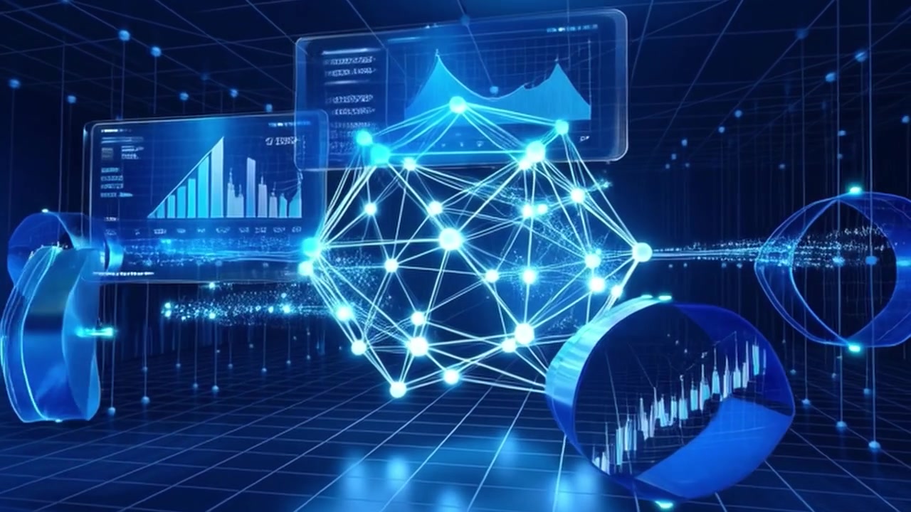 Digital Data Visualization with Glowing Network Nodes and Financial Charts