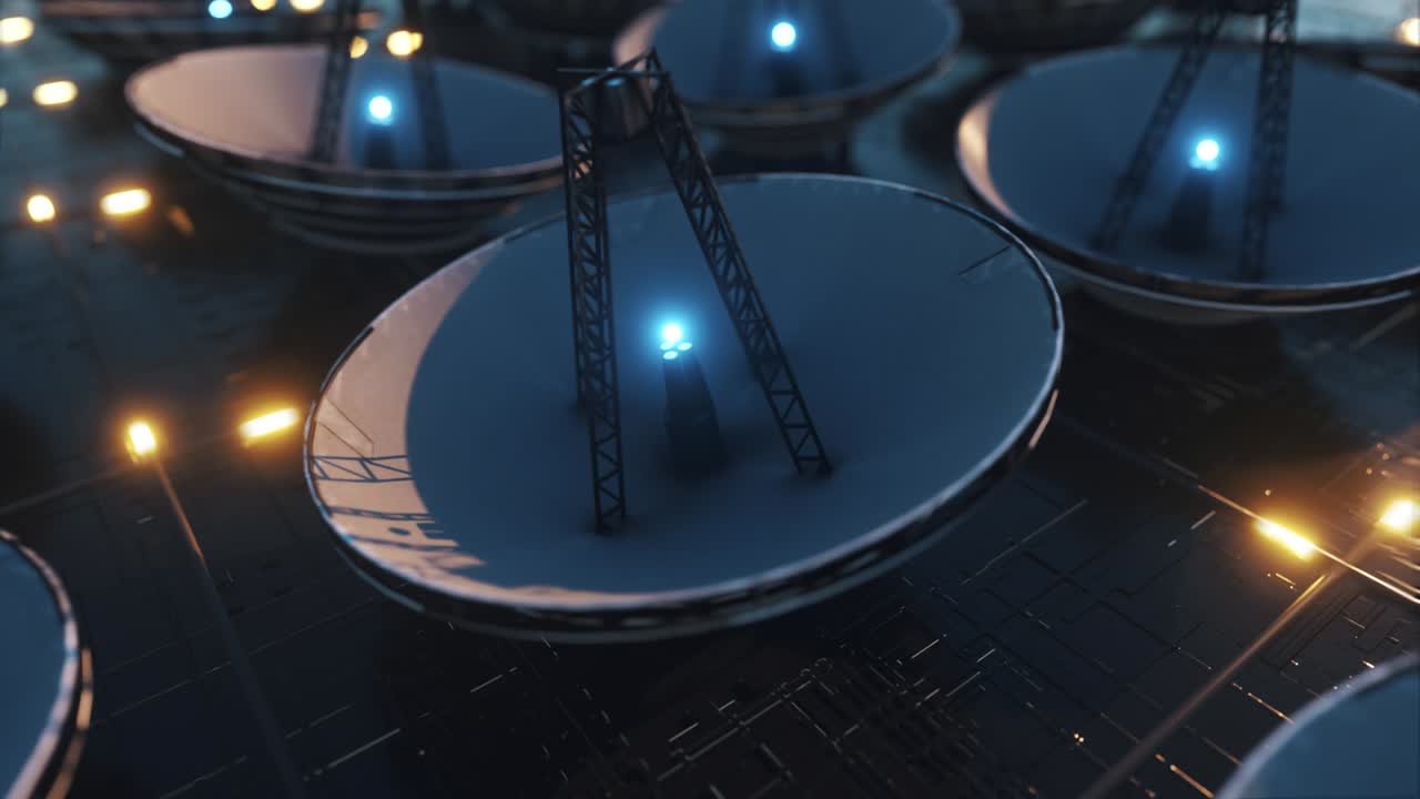 미세 회로와 위성 접시로 인 큰 기술 표면, 정보 전송 개념, 원활한 루프, 3d 렌더링