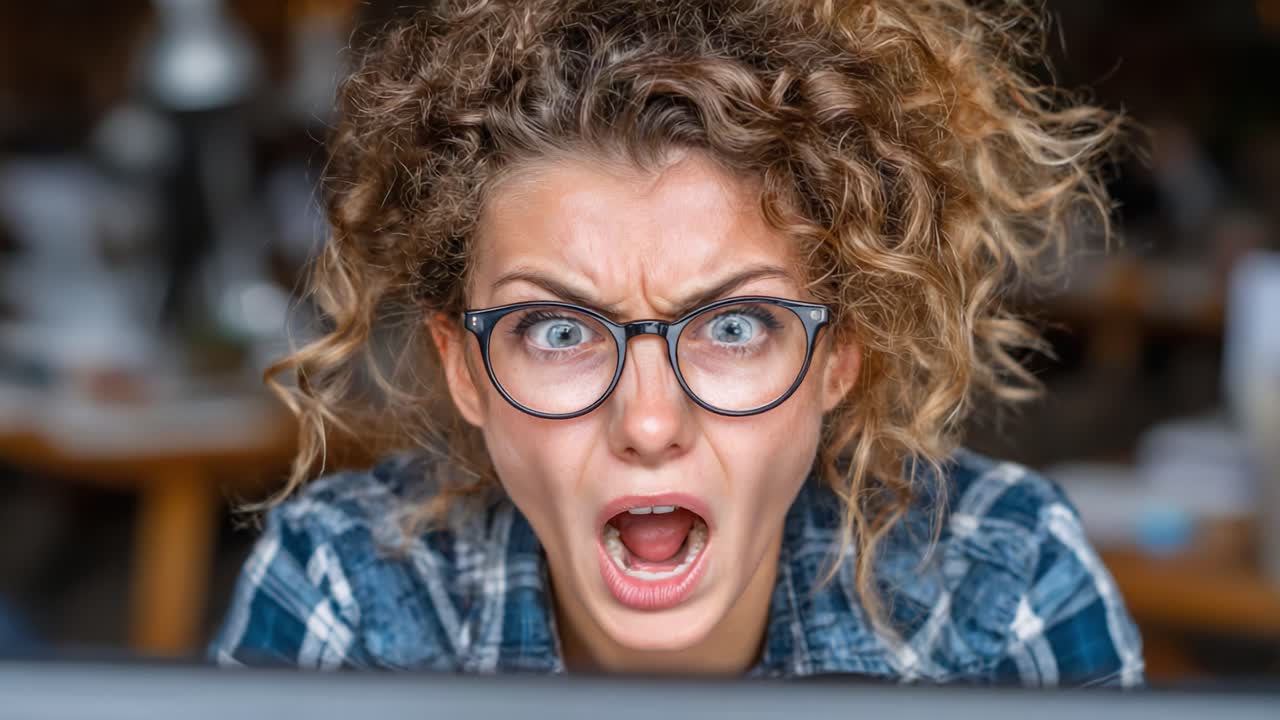 A frustrated individual reacts intensely at a computer screen, exhibiting a range of emotions from shock to disbelief, showcasing a powerful human experience in the digital age