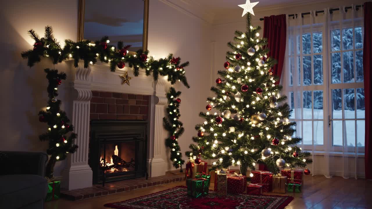Cozy Christmas living room with a decorated tree and fireplace, captured from a wide-angle