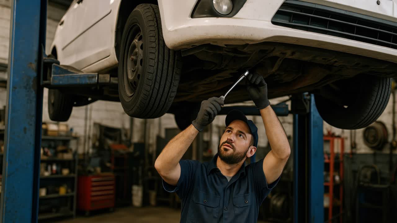 Mechanic working under a lifted car, captured from a low angle