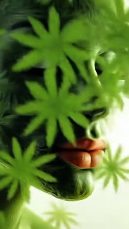 cannabis leaf silhouette art. a unique art piece featuring a green silhouette with cannabis leaves overlaying the face for a striking effect.
