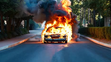 un coche en llamas al lado de la carretera