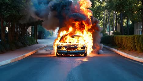 a car on fire on the side of the road