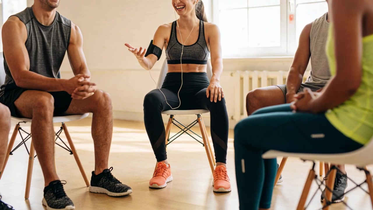Eine Frau im Sport-BH und Leggings mit Handy-Armband teilt einen Tipp und gestikuliert in einem Fitnessstudio.